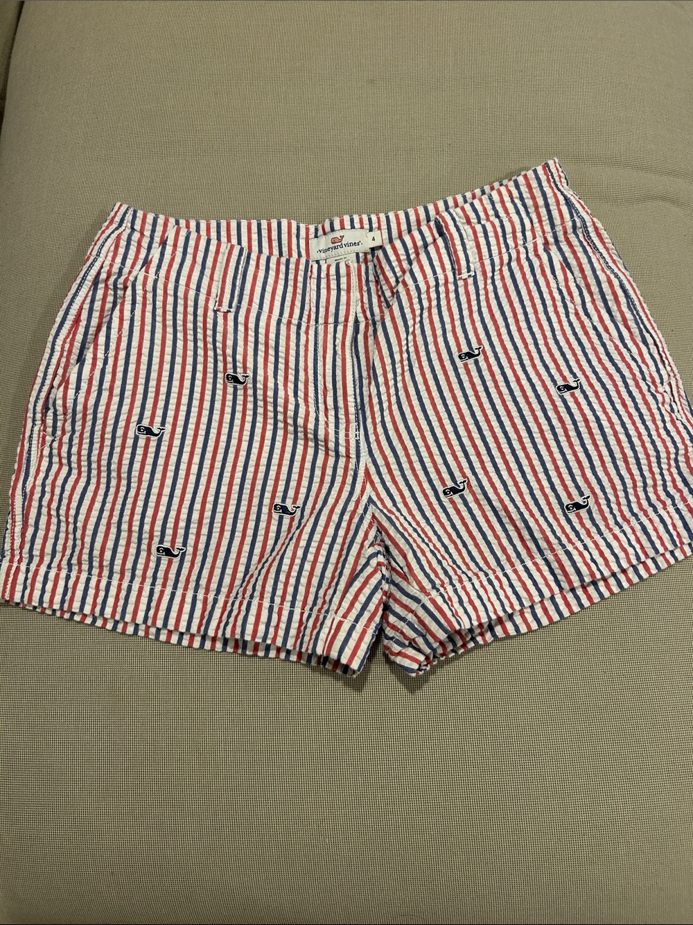 Vineyard Vines Red, Blue & White Striped Embroidered Whale High-Waist Shorts